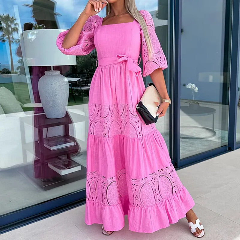 Women Retro Loose Beach Dress Fashion New Lace Patchwork Ladies Elegant Dress Temperament Square Collar Tie-Up Ruched Maxi Dress