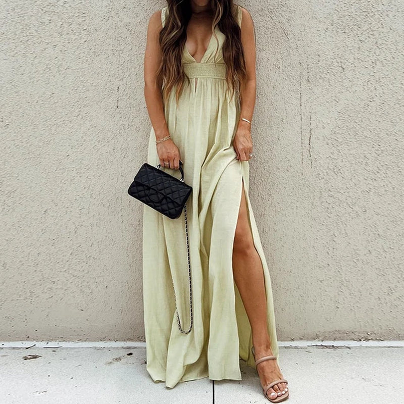 Casual Women V Neck Loose Dress Elegant Female Solid Long Backless Dress Spring Summer Sleeveless Beach Party Dresses Vestidos