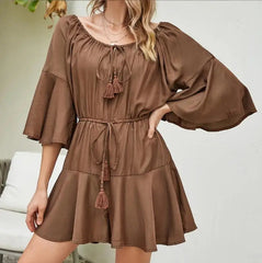 Summer Adjustable Lace-Up off Shoulder Flare Sleeve Cotton Linen Romper Women High Waist Solid Color Casual Dress