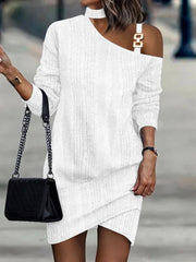 Autumn Winter Hollow Out Chain Patchwork Dress Elegant Office Lady Long Sleeve Slim Dress Casual Halter Women Mini Dress Vestido