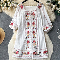 Boho Beach Cotton Floral Embroidery Mini Dresses Women Tunic Vintage Loose Short Dresses Summer Casual Tassel Vestidos