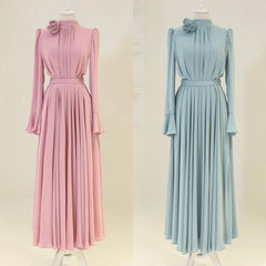 Chiffon Flower Draped Ruffles Christmas A-Line High Collar Bespoke Occasion Gown Midi Dresses Saudi Arabia Evening