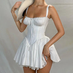 High-Quality Lace Panel A-Line Dress White Coquette Party Holiday Sleeveless Mini Corset Dresses Elegant Sweet Robe New