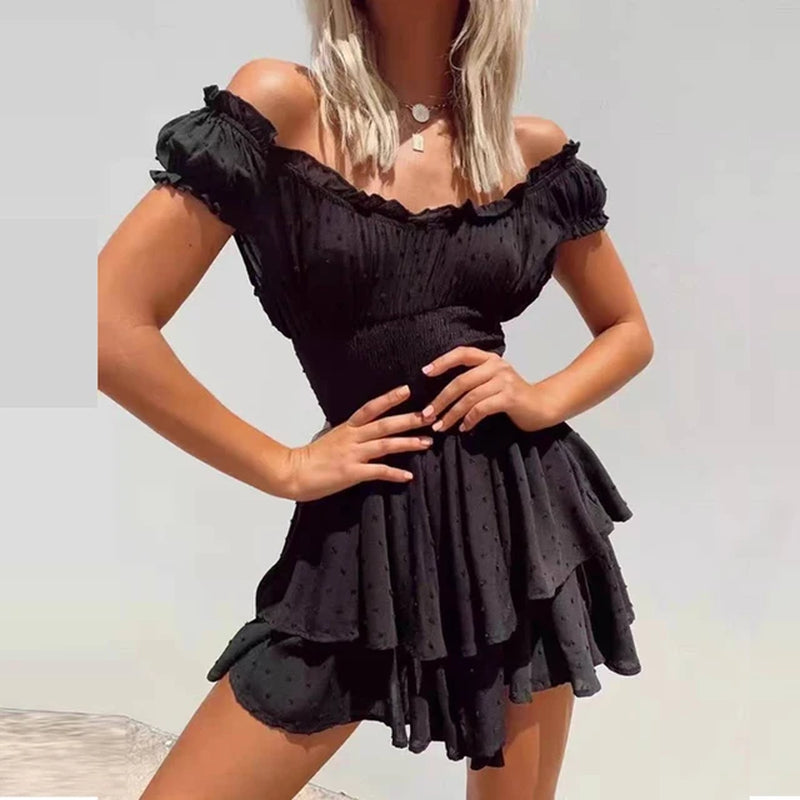off Shoulder Sexy Mini Dress for Women Vintage Black Cotton Cascading Ruffles 2021 Summer Dresses Boho Beach Vestidos