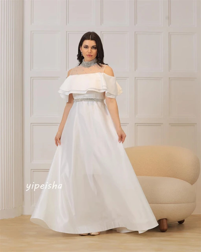 Jiayigong High Quality Evening Satin Sequined Beading Ruched Beach A-Line Off-The-Shoulder Bespoke Occasion Gown Midi Dresses