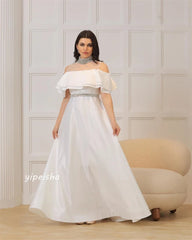 Jiayigong High Quality Evening Satin Sequined Beading Ruched Beach A-Line Off-The-Shoulder Bespoke Occasion Gown Midi Dresses