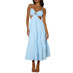 Women'S Open Back Solid Color Spaghetti Strap V-Neck Cutout Beach Flowy Dress Summer Midi Cami Dress