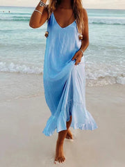 Women Beach Party Dress Sundress 2024 Summer Boho Styles Casual Sleeveless V-Neck Fashion Solid Flowy Holiday Maxi Ruffles Dress