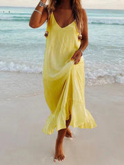 Women Beach Party Dress Sundress 2024 Summer Boho Styles Casual Sleeveless V-Neck Fashion Solid Flowy Holiday Maxi Ruffles Dress