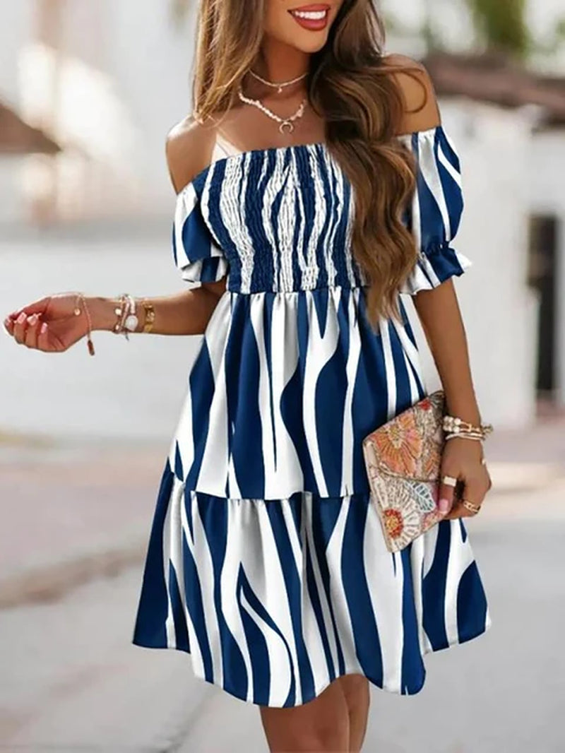 Vintage Printed Women Party Dress Female Summer Loose Short Sleeve Backless Dress Simple Slash Neck Casual Midi Dress Vestidos
