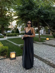 PB&ZA 2024 Women'S New Fashionable Solid Color V-Neck Slim Strap Flowing Midi Open Back Loose Strap Dress