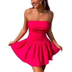 Women Solid Color Sleeveless A-Line Dress Summer Cocktail Party Beach Streetwear Strapless Mini Bubble Dress