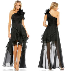 Jiayigong High Quality Sparkle Evening Organza Draped Flower Ruched A-Line One-Shoulder Bespoke Occasion Gown Hi-Lo Dresses