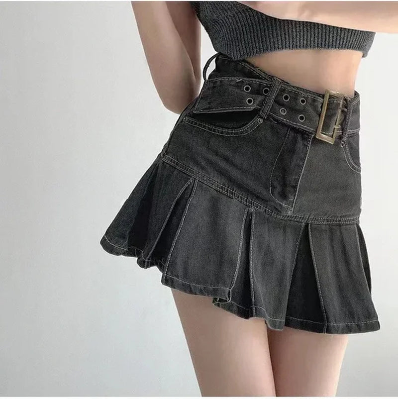 Women'S Denim Mini Dress Vintage High-Waisted Design Sensibility Niche Style Slim Fit Pleated Skirt for Summer