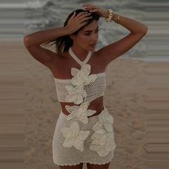 Women 3D Flower Knitted Halter Mini Dress Slim Crochet Hook Halter Dress Sexy Hollow Out Short Dresses Summer Female Beach Robes