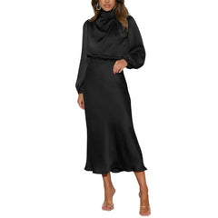 Women Dress Half-High Collar Satin Long Hollow Out Lantern Sleeve Tight Waist Evening Dress Wedding Cocktail Party Midi Dress