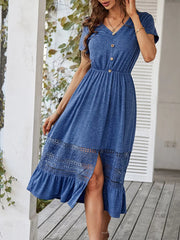 Elegant Women Lace Hollow Out Party Dress V Neck Lady Chic Short Sleeve Midi Dress 2023 Summer Casual Elastic Waist Solid Dress