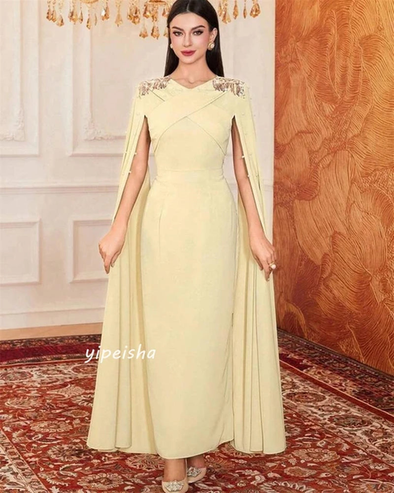 Jiayigong Sparkle Exquisite Evening Jersey Beading Draped Valentine'S Day A-Line V-Neck Bespoke Occasion Gown Midi Dresses
