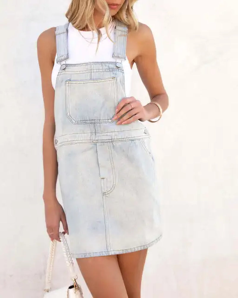 2023 Sweet Casual Vintage Denim Strap Dresses for Women with Pockets Sleeveless Cute Solid Cowboy Mini Dress Vestidos