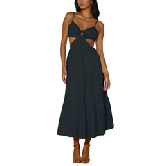 Women'S Open Back Solid Color Spaghetti Strap V-Neck Cutout Beach Flowy Dress Summer Midi Cami Dress