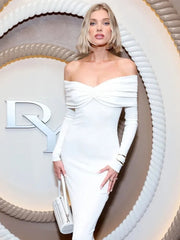 White Dresses for Women Classy off Shoulder V Neck Midi Length Elegant Bandage Dress Celebrity Evening Club Party Prom Gowns