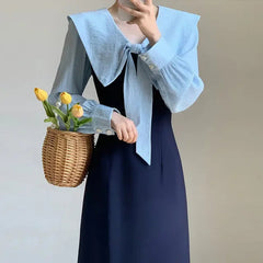 French Navy Gentle Style Dress Women'S Autumn Elegant Slimming A- Line Long Dress for Heavy Women 200 Pounds
