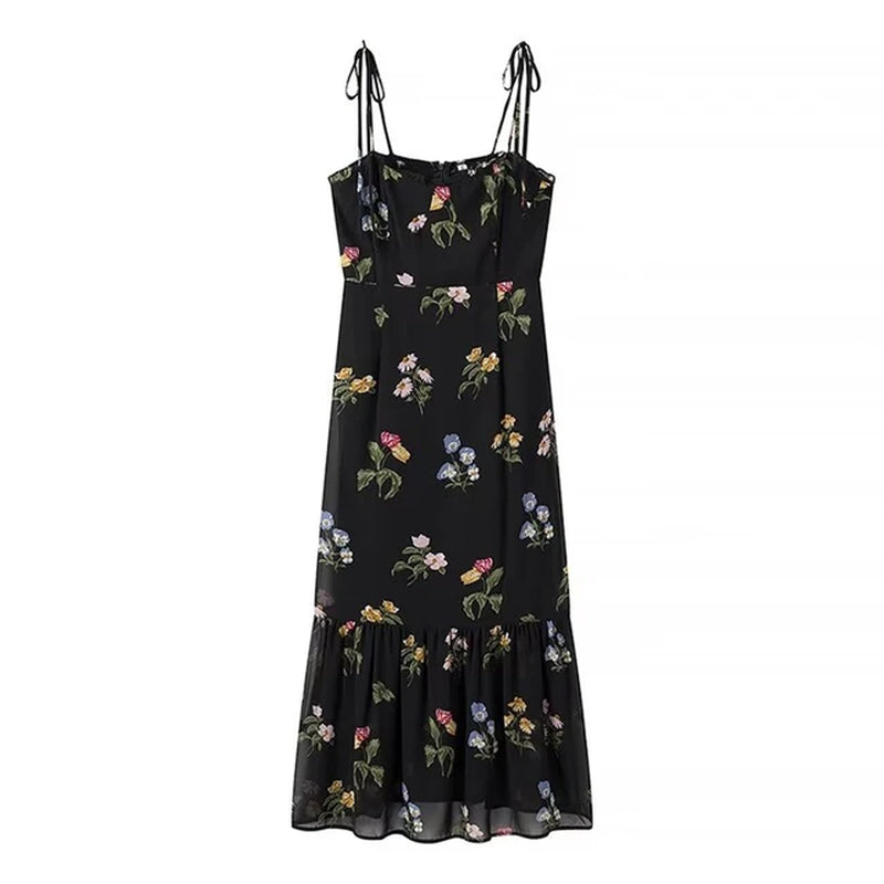 PB&ZA 2024 Women'S Summer New Fashionable Casual Bra Print Lotus Leaf High Waist Slim Swing Hanging Strap Dress