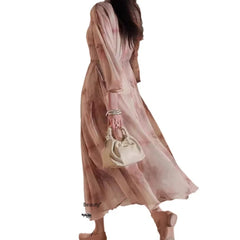 2024 Spring Summer New Romantic Vacation Style Printing Elegant V-Neck Waist-Fitted Chiffon Dress Women'S A- Line Frilled Skirt