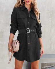 Elegant Fashion Corduroy Solid Mini Dress Long Sleeve Casual Autumn Office Female Belt Waist Lapel A-Line Dress