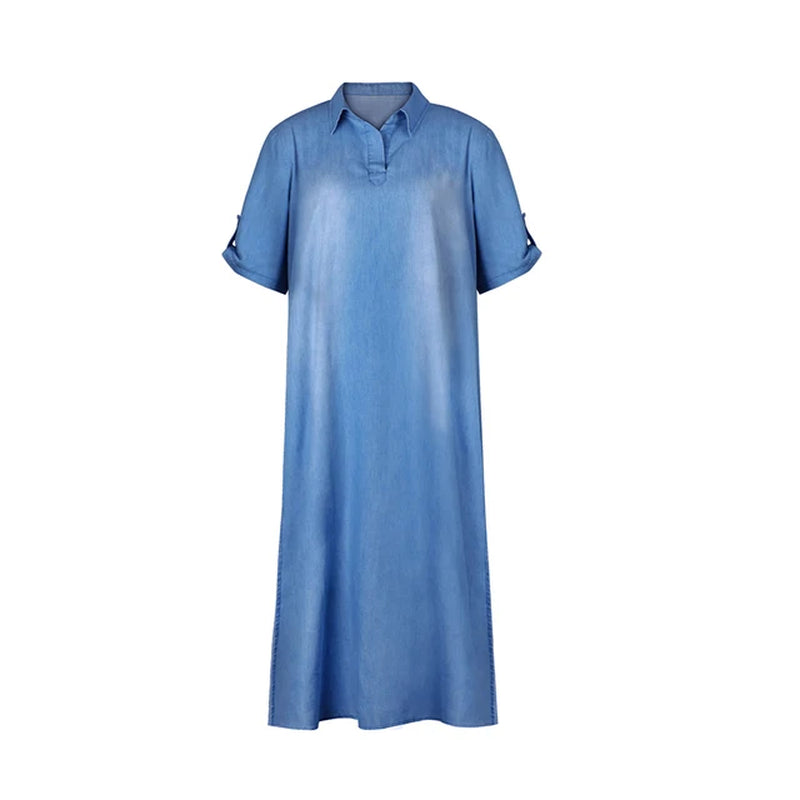 Summer Denim Women Dress Casual Vintage V Neck Lapel Split Loose Half Sleeve Side Slitting Hem Long Dress