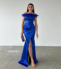 Jiayigong Sparkle Exquisite Evening Satin Feather Ruched Homecoming A-Line Off-The-Shoulder Bespoke Occasion Gown Long Dresses