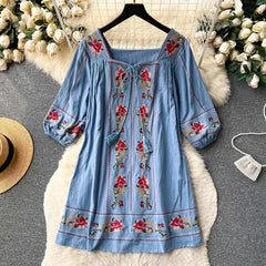 Boho Beach Cotton Floral Embroidery Mini Dresses Women Tunic Vintage Loose Short Dresses Summer Casual Tassel Vestidos