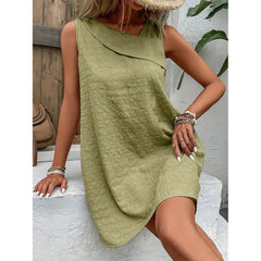 Casual Loose Mini Dress Women Summer Sleeveless Vintage Beach Dress Female Fashion White Green Short Dresses Vestidos