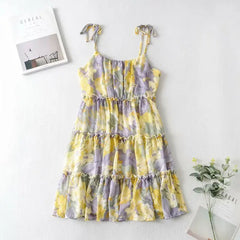 Floral Print Chiffon Mini Dresses Women Boho Beach Wear Summer Sexy Sleeveless Strap Short Dress 2021 Ruffles Vestidos