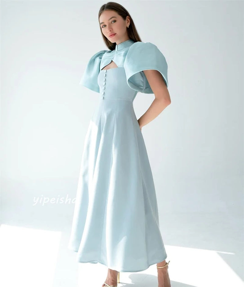 Jiayigong High Quality Evening Jersey Draped Button Clubbing A-Line High Collar Bespoke Occasion Gown Long Sleeve Dresses