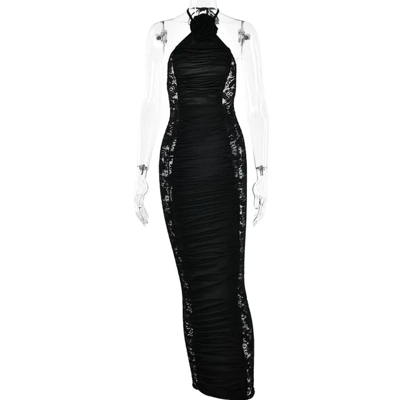 Sexy Halter Neck Dresses Women'S Sleeveless One Step round Neck Patchwork Transparent Summer Dresses from Europe America