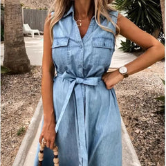 2023 Summer Denim Dress Women Turn down Collar Sleeveless Casual Loose Single Breasted Shirt Dress