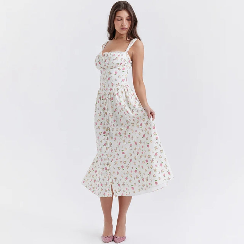 2023 Summer Spaghetti Strap Holiday Party Dresses Elegant Midi Button Lace up Dress Casual Women New in Dress