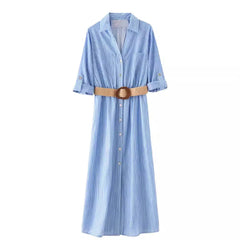 2024 Striped Shirt Dress Women Belt Pleated Midi Dresses for Women Turn up Sleeve Beach Women Summer Long Dress Vestidos