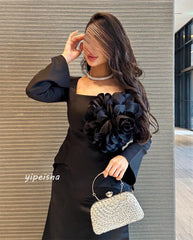 Jiayigong High Quality Evening Jersey Ruched Flower Cocktail Party A-Line Square Neck Bespoke Occasion Gown Midi Dresses