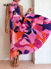 Women Chic Backless Patchwork Long Dress Female Sleeveless Casual Loose Print Dress Lacing up Halter Slim Party Dress Vestidos