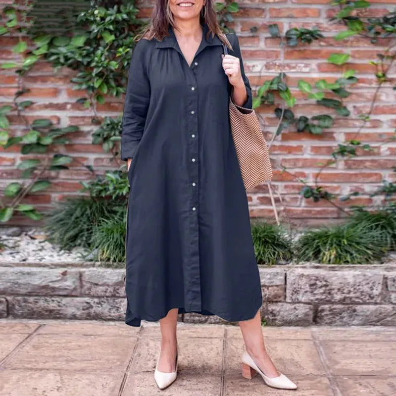 Casual Loose Women Long Shirt Dress Lapel Neck 2023 Autumn Work Midi Vestidos Oversized Work Robe Femme
