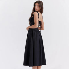 2023 Summer Black Spaghetti Strap Holiday Party Dresses Elegant Midi Button Lace up Dress Casual Women New in Dress