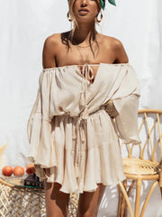 Summer Adjustable Lace-Up off Shoulder Flare Sleeve Cotton Linen Romper Women High Waist Solid Color Casual Dress