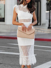 Elegant Female Solid Lace Summer Club Party Dress Women Hollow Out Slim Sexy Midi Dress White Butterfly Sleeve round Neck Dress