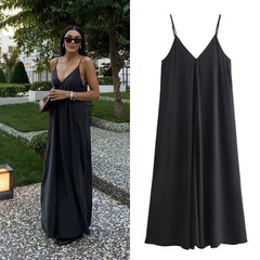 PB&ZA 2024 Women'S New Fashionable Solid Color V-Neck Slim Strap Flowing Midi Open Back Loose Strap Dress