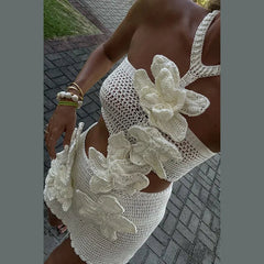 Women 3D Flower Knitted Halter Mini Dress Slim Crochet Hook Halter Dress Sexy Hollow Out Short Dresses Summer Female Beach Robes