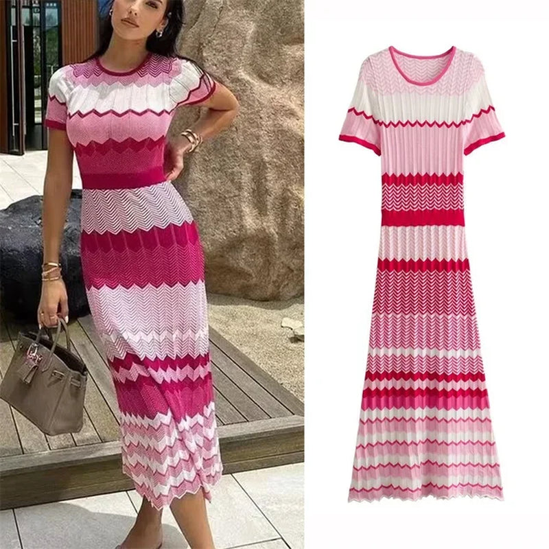 Women Contrast Color Striped Knit Maxi Dress O-Neck Short Sleeve a Line Bodycon Long Dress Female Street Vestido