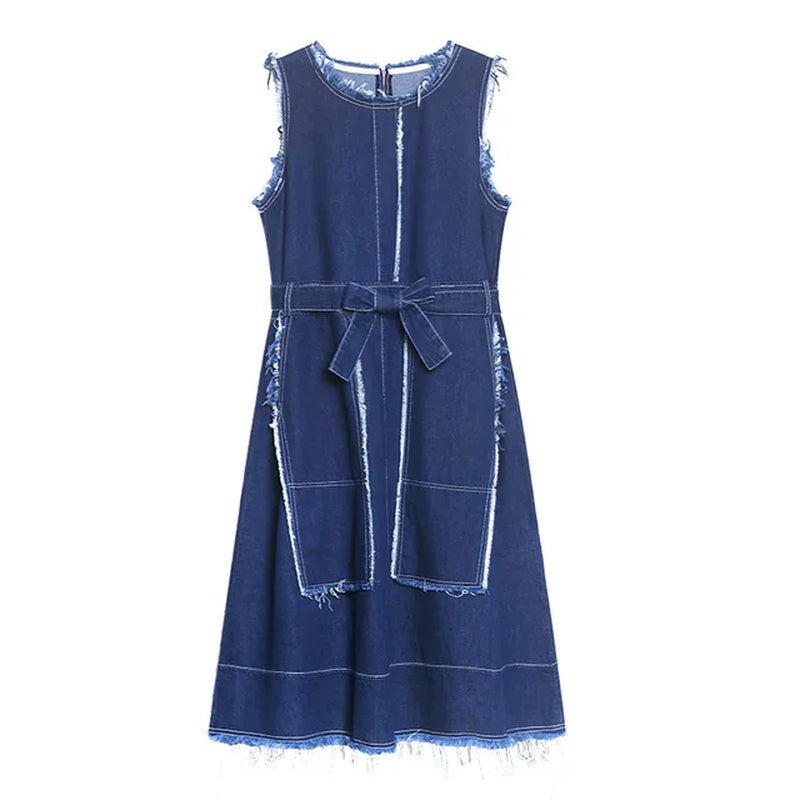 A Line Denim Dresses for Women Loose Sleeveless round Neck Patchwork Pocket Pullover Casual Dress Female Summer New