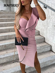 Spring Summer Women Ruffles Slim Midi Dress 2023 Casual Sleeveless V Neck Office Dress Elegant Ladies Solid Bodycon Party Dress